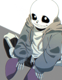 a skeleton sitting on a skateboard with a hoodie on