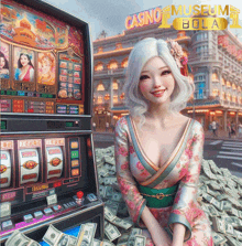 a woman is sitting in front of a slot machine with the words casino museum bola on the bottom