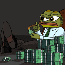 a cartoon of a frog smoking a cigar next to a pile of money