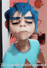 a cartoon character with blue hair is making a funny face