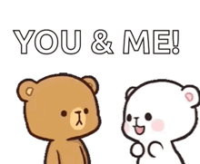 a couple of teddy bears are standing next to each other and talking to each other .