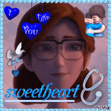 a picture of a girl with glasses and the words sweetheart on the bottom