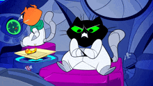 a cartoon cat with green eyes sits on a pink couch next to an orange cat