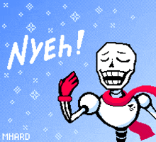 a pixel art drawing of a skeleton waving with the word nyeh above him