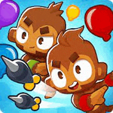 two monkeys are flying through the air with balloons in the background .