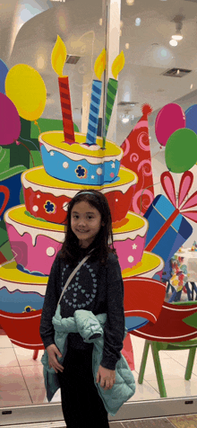 a little girl standing in front of a birthday cake