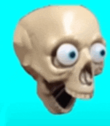 a cartoon skull with big eyes is against a blue background .