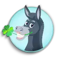 a cartoon donkey holding a green clover in its mouth