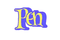the word pen is written in blue and yellow letters