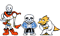 papyrus , sans , and alphys are standing next to each other in a pixel art .