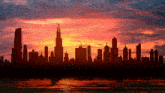 a city skyline is silhouetted against a sunset