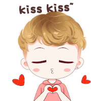 a cartoon boy making a heart with his hands and the words kiss kiss behind him