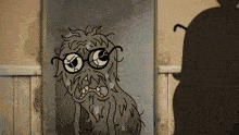 a cartoon character with glasses looks at himself in the mirror