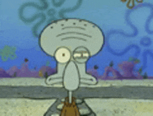 squidward from spongebob squarepants is looking at the camera with his eyes closed and a hamburger in his mouth .