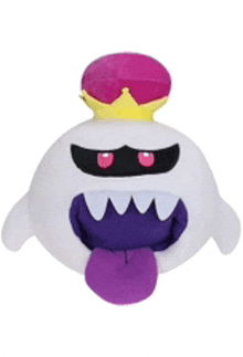 a stuffed ghost with purple teeth and a pink crown on top