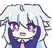 a cartoon girl with white hair and purple eyes is holding her head .