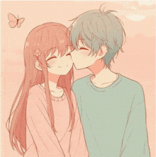 a boy kissing a girl on the cheek with a flower on her head