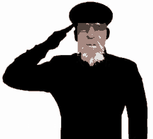 a man with a beard and glasses is saluting in a black hat .