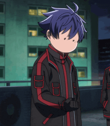 a boy with blue hair is wearing a black and red jacket with the letter u on it