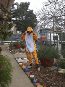 a person in a giraffe costume stands in front of a red mailbox