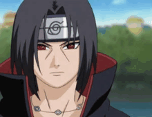 itachi uchiha from naruto is wearing a headband and a necklace and looking at the camera .