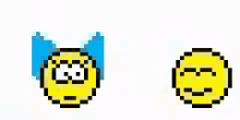 a pixel art of a smiley face with a blue bow and a smiley face without a bow .