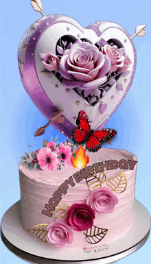 a birthday cake with a heart shaped balloon and a butterfly on it