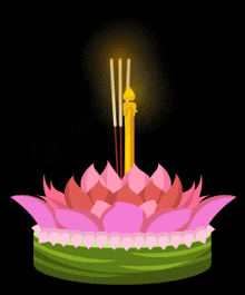 a pink lotus flower with a lit candle and incense