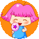 a cartoon girl with pink hair is holding a pink donut and smiling .