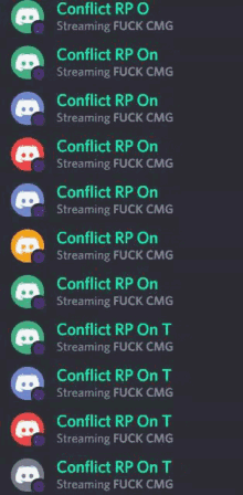 a screenshot of a discord channel with a list of conflicts rp on top