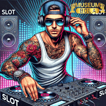 a man wearing headphones and sunglasses is playing music in front of a sign that says slot