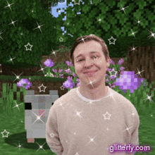 a man is standing in front of a sheep in a minecraft world surrounded by purple flowers .