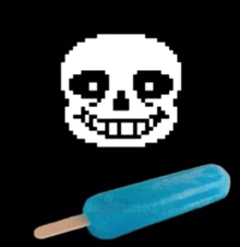 a pixel art drawing of a skull next to a blue popsicle