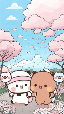 a couple of bears are standing next to each other in front of a cherry blossom tree