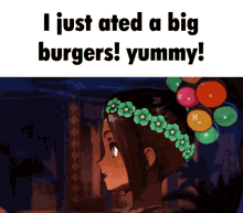 a girl with balloons in her hair says i just ate a big burgers yummy !