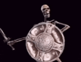 a statue of a skeleton holding a shield and sword .