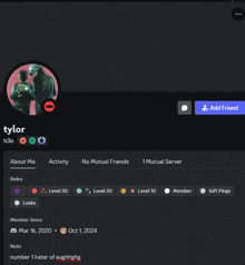 a screenshot of tylor 's discord profile with a red circle around his head