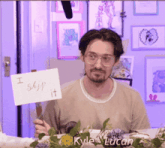 a man with glasses is holding a sign that says i ship it