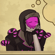 a cartoon of a person with a purple mask on