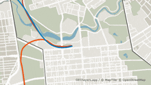 a map showing a city and surrounding areas is created by geolayers.app and openstreetmap