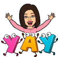 a woman with her arms in the air is surrounded by letters that say yay