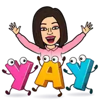 a woman with her arms in the air is surrounded by letters that say yay