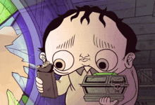 a cartoon of a man holding a box with a skull in it