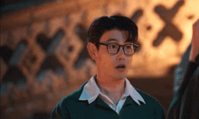 a young man wearing glasses and a green sweater is standing in front of a wall .