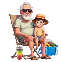 an elderly man sits in a chair with a young boy