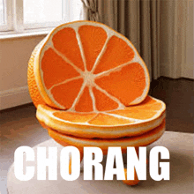 a stack of orange slices sits on a table with the word chorang above it