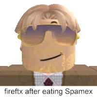 a cartoon character wearing sunglasses and a suit with the words fireftx after eating spamex on the bottom