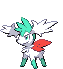 a pixel art drawing of a cartoon character with green hair and a red tail .