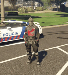 a video game character stands in front of a police car