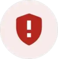 a red shield with an exclamation point inside of it is in a white circle .